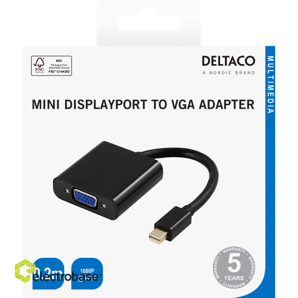 Adapter DELTACO VGA - miniDisplayPort, 1080p 60Hz, 0.2m, black / DP-VGA3-K / 00110026 image 2
