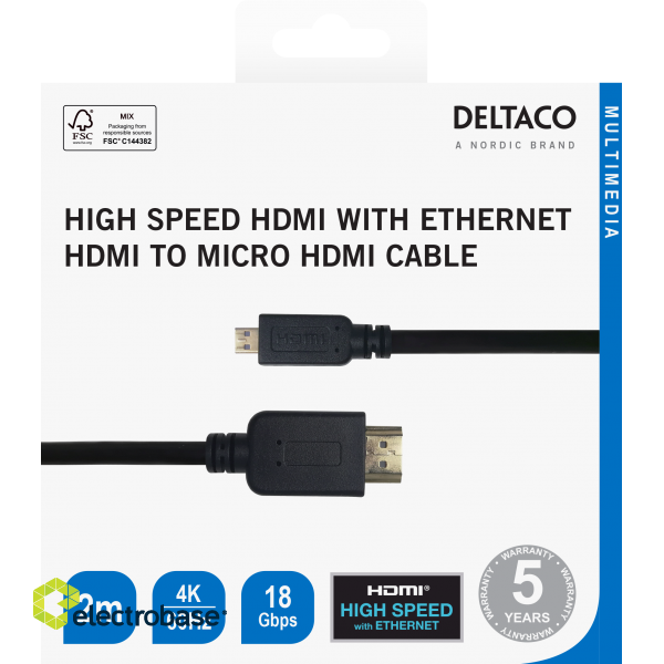 Cable DELTACO HDMI - micro HDMI, 4K UHD in 60Hz, 2m, black / HDMI-1023-K / R00100007 image 3