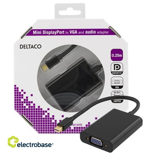 DELTACO mini DP to VGA adapter + audio , Full HD - 60Hz, black, 0.25m, 3.5mm, 20-pin ha - 15-pin ho / DP-VGA13-K image 2
