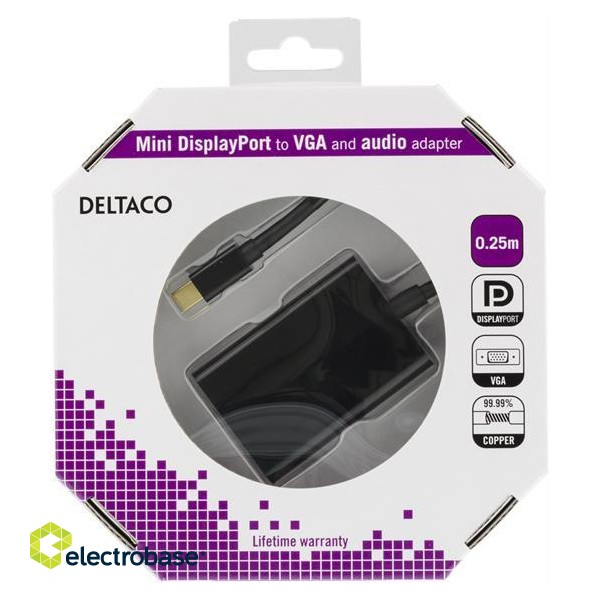 DELTACO mini DP to VGA adapter + audio , Full HD - 60Hz, black, 0.25m, 3.5mm, 20-pin ha - 15-pin ho / DP-VGA13-K image 5