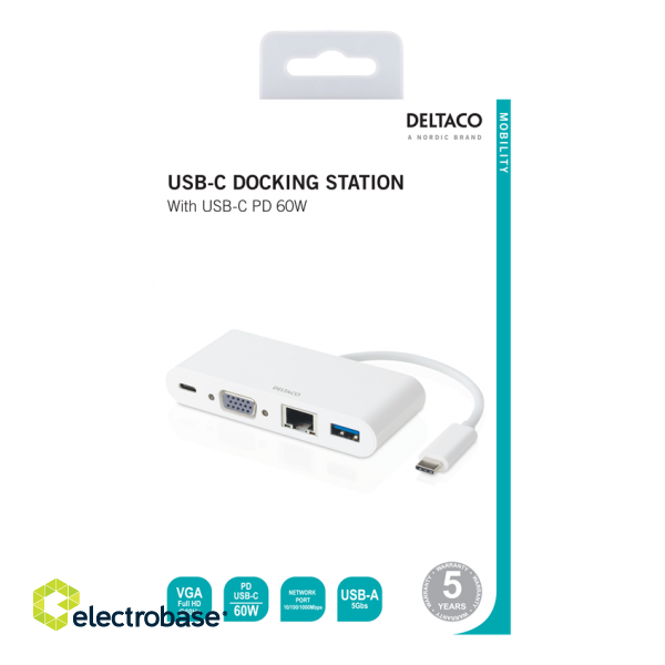 DELTACO USB-C docking station, VGA / USB-C / RJ45 / USB-A, 60W USB-C PD, white / USBC-VGA5 image 2