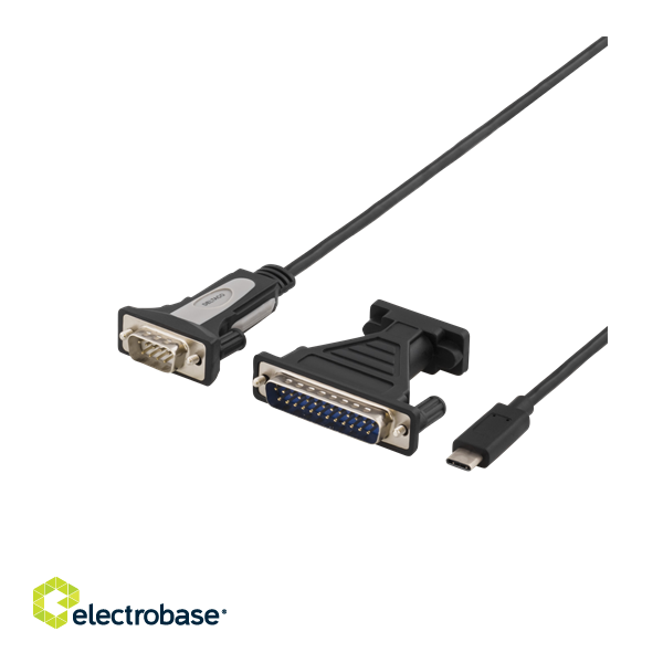 DELTACO USB-C to serial cable, RS-232, 1xDE9 ha, 1xUSB-C ha, incl. parallel adapter, 1.5m, black / USBC-1103 image 1