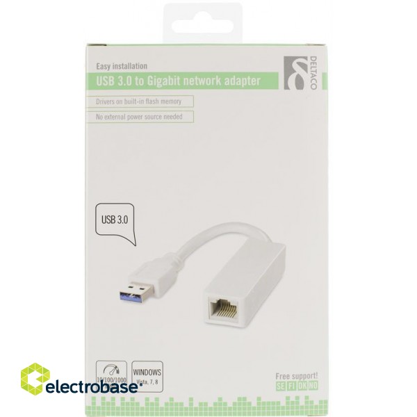 DELTACO USB 3.0 network adapter, Gigabit, 1xRJ45, 1xUSB3.0 Type A ha, white / USB3-GIGA4