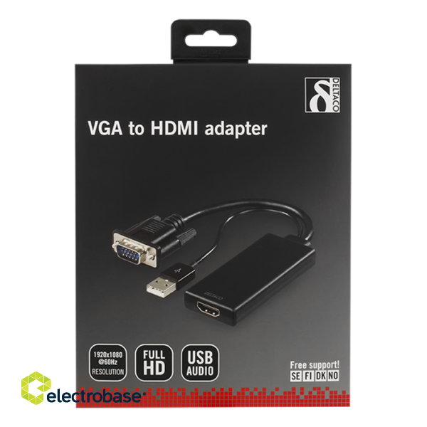 DELTACO VGA to HDMI adapter, audio via USB, 1080p, 1xVGA ha, 1xHDMI ho, 1xUSB Type A ha, black / VGA-HDMI6 image 2