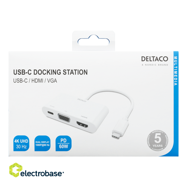 Docking station DELTACO USB-C to HDMI / VGA / USB-C, Power Delivery 2.0, 3840x2160 30 Hz, white / USBC-HDMI20 image 3
