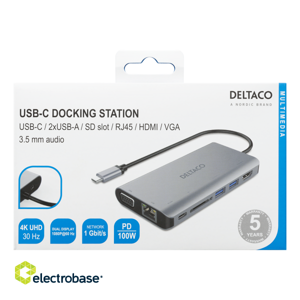 Docking station DELTACO USB-C to HDMI / VGA / USB / RJ45 / SD, USB-C port for charging, 3840x2160, space gray / USBC-HDMI18 image 3