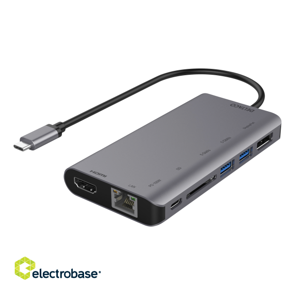 Docking station DELTACO USB-C to HDMI/DisplayPort/USB/RJ45/SD, USB-C port for charging, 3840x2160, space gray / USBC-HDMI19 image 1