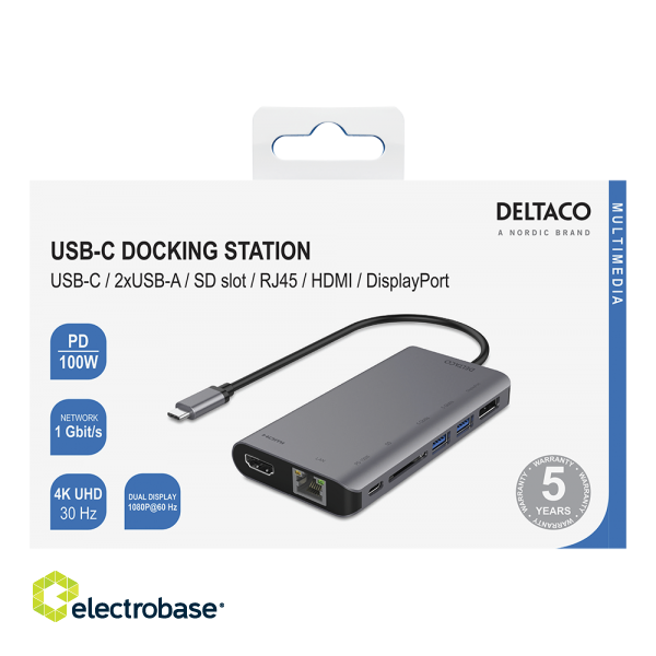 Docking station DELTACO USB-C to HDMI/DisplayPort/USB/RJ45/SD, USB-C port for charging, 3840x2160, space gray / USBC-HDMI19 image 4