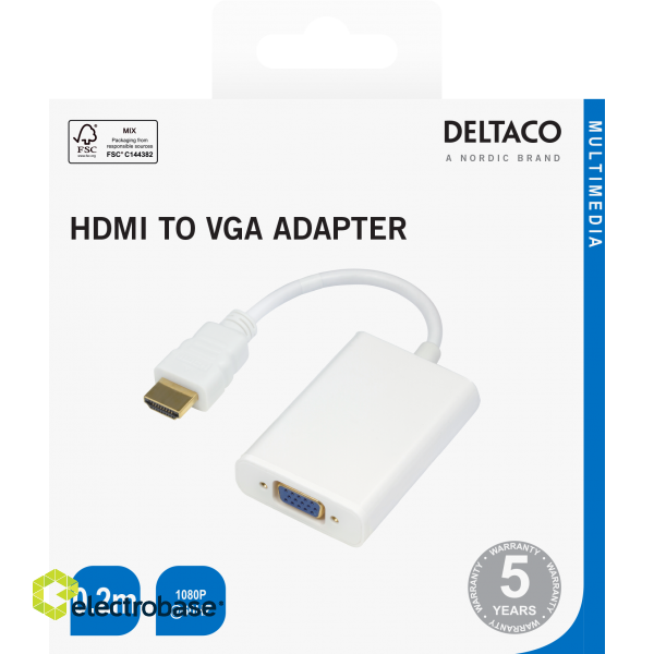 HDMI - VGA adapter DELTACO 1920x1080 60Hz, 0.2m, white / HDMI-VGA8-K / R00100029 image 2