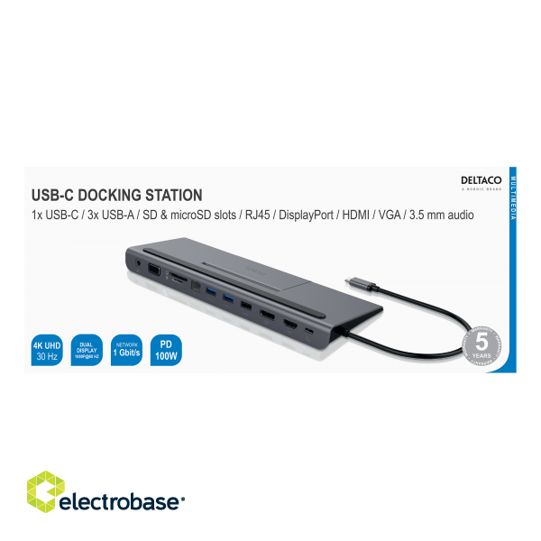 Док-станция DELTACO USB-C DP / HDMI / VGA / SD / RJ45 / 3,5 PD 3.0 spc серый фото 6