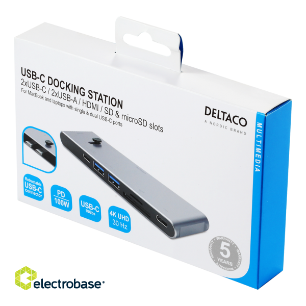 USB-C docking station DELTACO USB-C to HDMI/DisplayPort/USB-A/USB-C/Memory card reader, 3840x2160, PD 100W, space gray / USBC-HDMI21 image 6