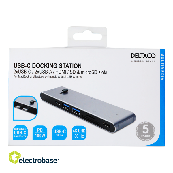 USB-C docking station DELTACO USB-C to HDMI/DisplayPort/USB-A/USB-C/Memory card reader, 3840x2160, PD 100W, space gray / USBC-HDMI21 image 7