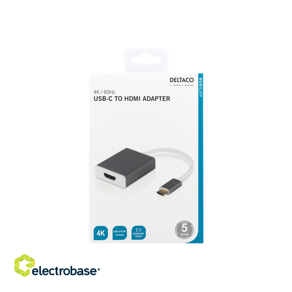USB-C to HDMI adapter, 0.2m, 4096x2160 in 60Hz, HDMI 2.0, HDCP 2.2, space gray DELTACO / USBC-HDMI9 image 1