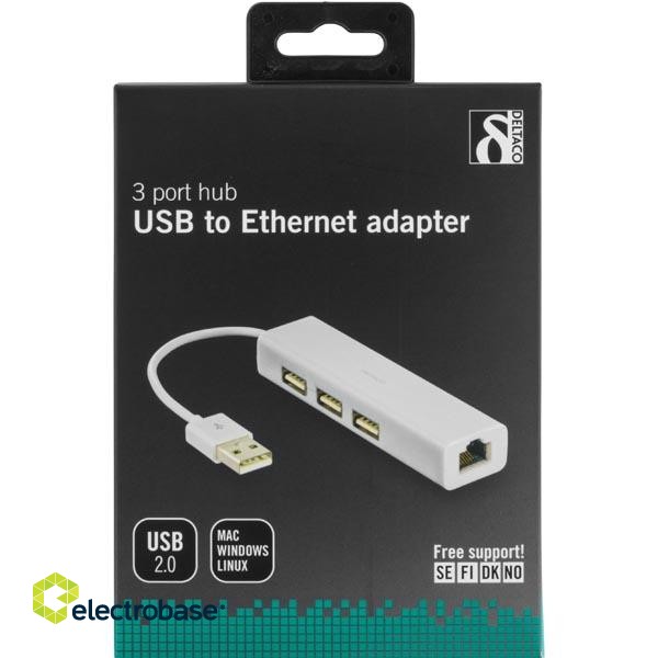 USB lan card DELTACO USB 2.0 100Mb/s, su 3xUSB HUB / USB2-LAN3 image 3