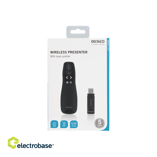Wireless presenter  DELTACO with laser pointer, up to 15m, black / WP-001 image 2