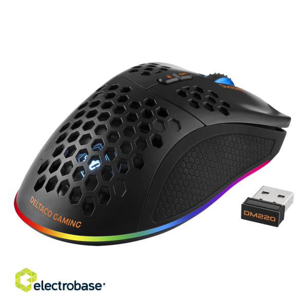 Wireless ultralight gaming mouse DELTACO GAMING DM220, 70g weight, RGB, SPCP6651, 400-6400 DPI, 1000 Hz, black / GAM-120 image 2