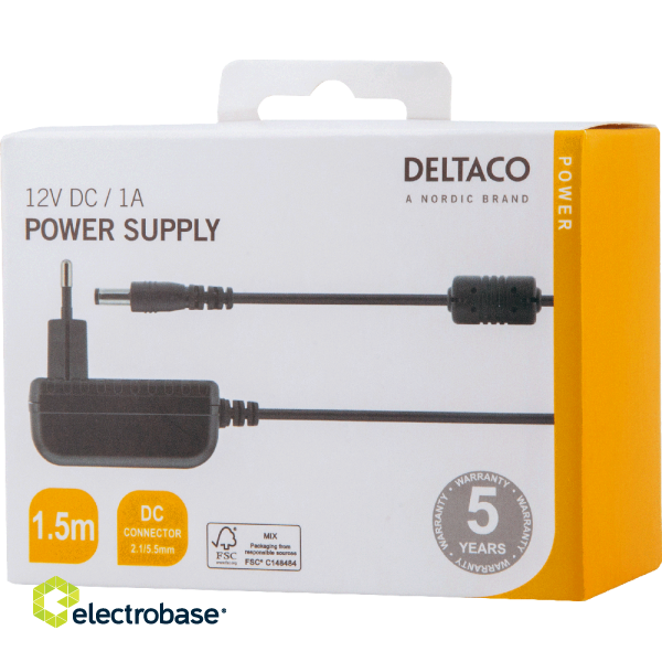AC adapter DELTACO 100-240V AC 50/60Hz to 12V DC, 1A, 1.5m, black / PS12-10B image 4