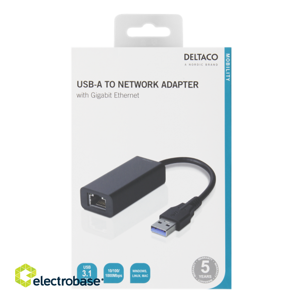 USB Hub DELTACO 1xRJ45, 1xUSB 3.0, black / USB3-GIGA5 фото 2