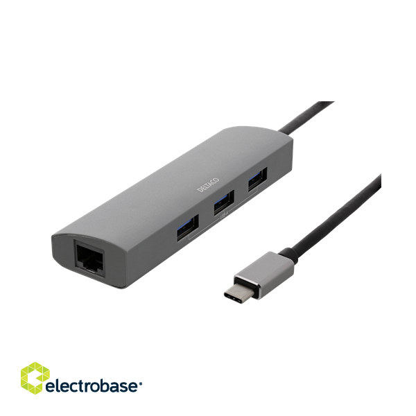 DELTACO USB-C Hub and Network Adapter, USB-C ha, RJ45 socket, 3xUSB-A 3.0, 0.4m cable, space gray / USBC-1294 image 5