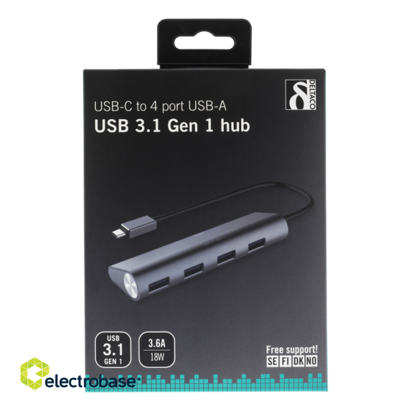 USB-C HUB DELTACO 18W 3.6A, USB 3.1, 1xUSBC, 4xUSB-A, black / USBC-1207 image 3