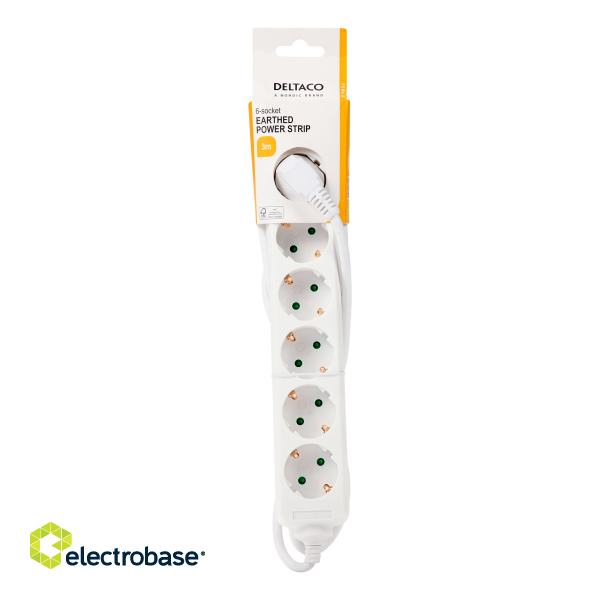 Earthed power strip DELTACO 6x CEE 7/3, 1x CEE 7/7, child protected, 3m, white / GT-0601