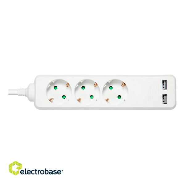 Earthed power strip DELTACO with 2x USB-A and 3x CEE 7/3 outlets, child protected, 1.5m, white / GT-0310 image 1