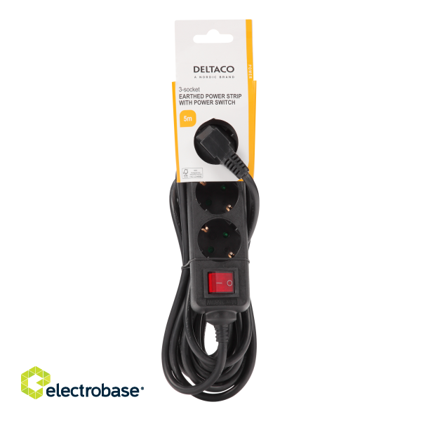 Earthed power strip DELTACO with power switch, 3x CEE 7/3, 1x CEE 7/7, child protected, 5m, black / GT-0362 image 3