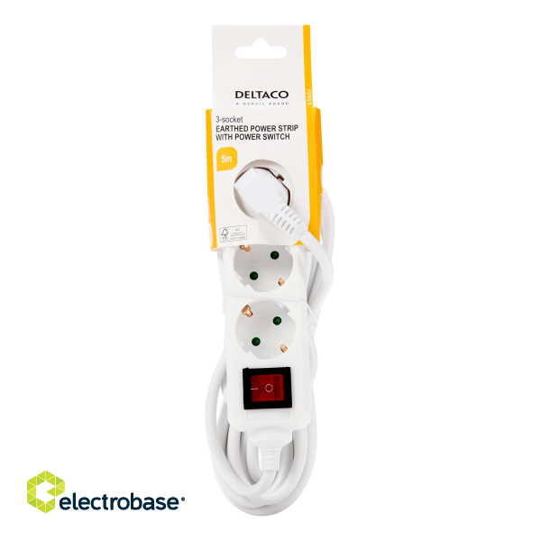 Earthed power strip DELTACO with power switch, 3x CEE 7/3, 1x CEE 7/7, child protected, 5m, white / GT-0352 image 3