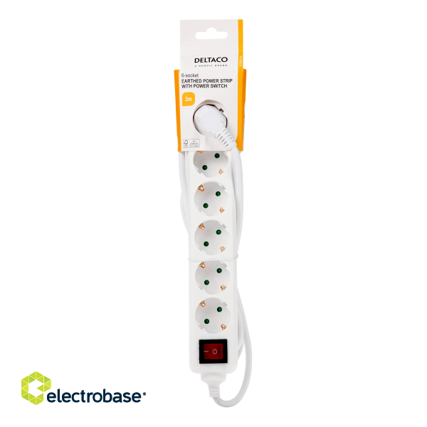 Earthed power strip DELTACO with power switch, 6x CEE 7/3, 1x CEE 7/7, child protected, 3m, white / GT-0651 image 3