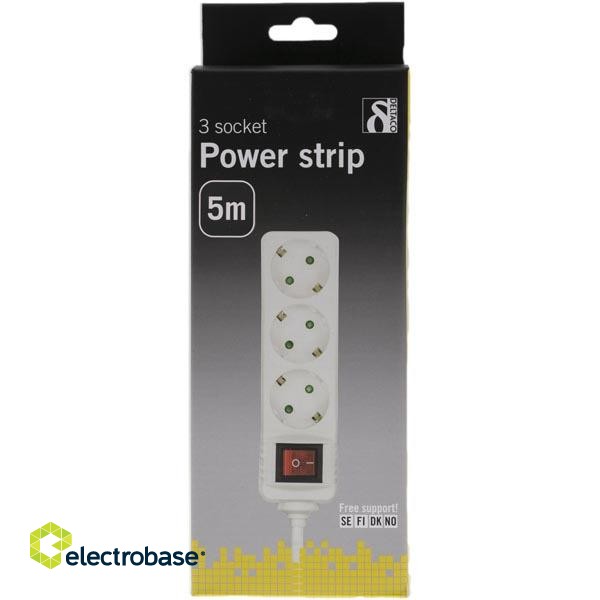 Power strip DELTACO 3 sockets, 5.0m, grounded, with switch, white / GT-116D image 2
