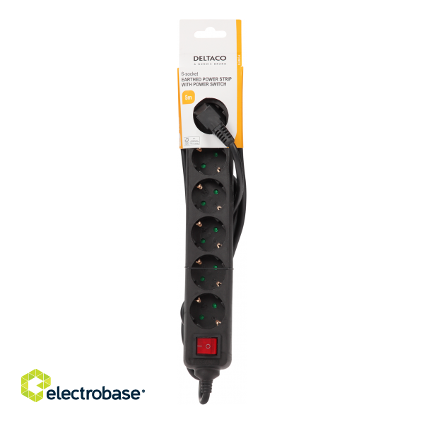 Power strip DELTACO with power switch, 6x CEE 7/3, 1x CEE 7/7, child protected, 5m, black / GT-0662 image 3