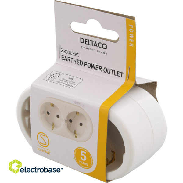 Earthed power outlet DELTACO 2-sockets, white / GT-987 image 2