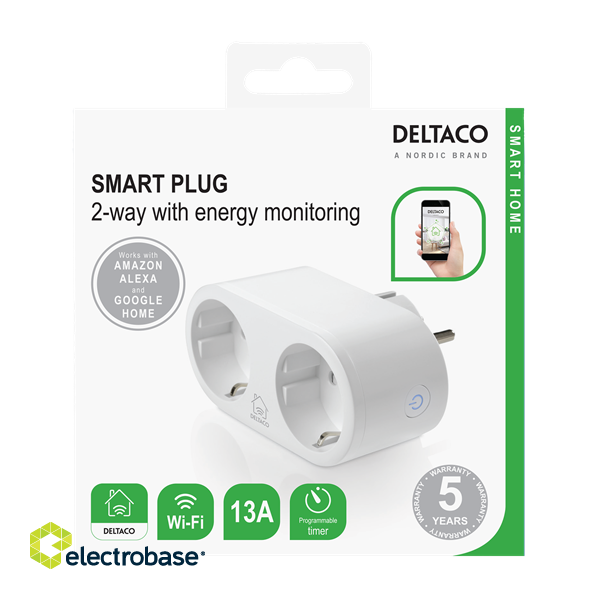 DELTACO SMART HOME switch, WiFi 2.4GHz, energy monitoring, 2xCEE 7/3, 13A, timer, white / SH-P02E image 4