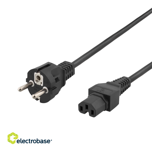 Extension cable DELTACO 5m, grounded, straight IEC 60320 C15 to straight CEE 7/7, max 250V / 10A, black / DEL-117D image 1