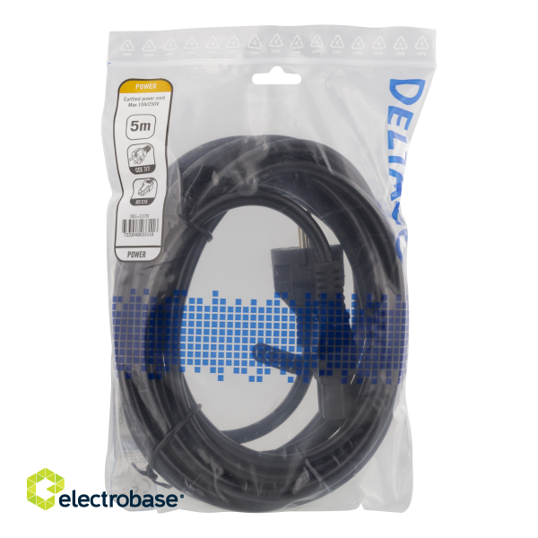 Extension cable DELTACO 5m, grounded, straight IEC 60320 C15 to straight CEE 7/7, max 250V / 10A, black / DEL-117D image 2