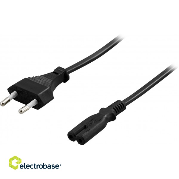 Unearthed device cable DELTACO for connection between unit and wall socket, straight CEE 7/16 to straight IEC 60320 C7, max 250V / 2.5A, 3m, black / DEL-109AM image 1