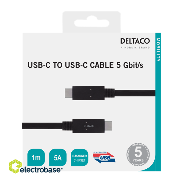 Cable DELTACO USB-C - USB-C, 5Gbit/s, 5A, 1M, black / USBC-1501M image 1