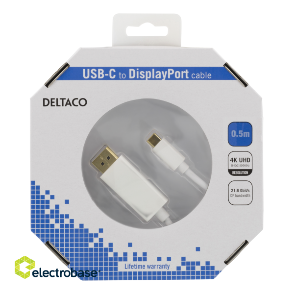 Kabelis DELTACO USB-C -DisplayPort, 50 cm, 4K, 3D, baltas / USBC-DP051-K paveikslėlis 2