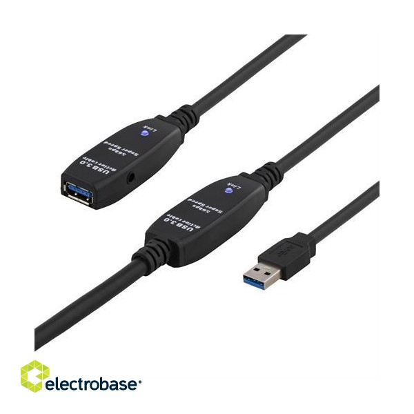 DELTACO PRIME USB 3.0 extension cable with AC adapter, active, Type A male - Type A female, 15m, black/ USB3-1008 image 1