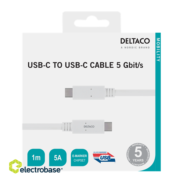 DELTACO USB-C - USB-C cable, 5Gbit/s, 5A, 1M, white /   USBC-1502M image 2