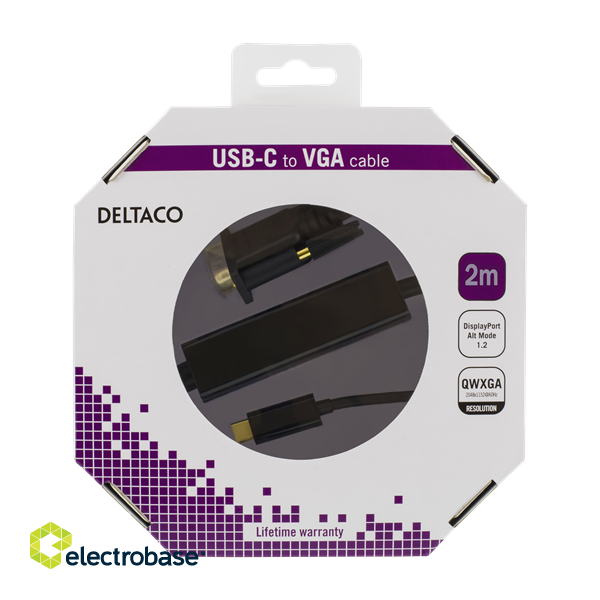 DELTACO USB-C - VGA, QWXGA 2048x1152 60Hz, 2m, DP 1.2 Alt Mode, black / USBC-1087-K image 2