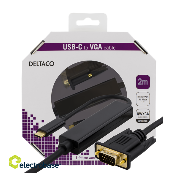 DELTACO USB-C - VGA, QWXGA 2048x1152 60Hz, 2m, DP 1.2 Alt Mode, black / USBC-1087-K image 3