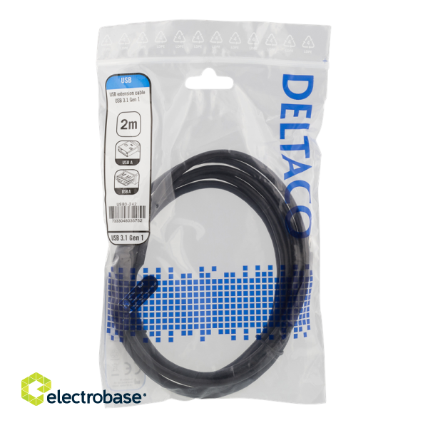 DELTACO USB 3.1 Gen1 Extension cable, 2m, USB-A male to USB-A female, 2 m.  / USB3-242