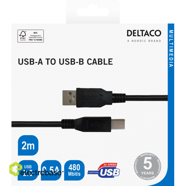 USB-B 2.0 cable DELTACO suitable for printers, 2m black / USB-218S-K / R00140005 image 3