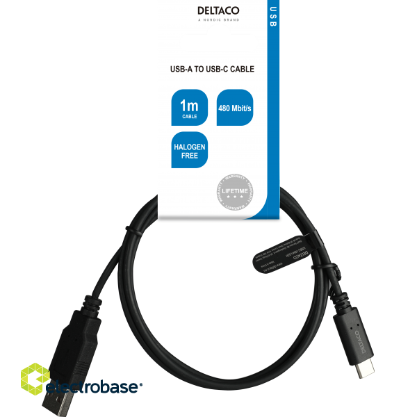 USB 2.0 cable DELTACO USB-A - USB-C male, LSZH, 1m, black / USBC-1004-LSZH image 4