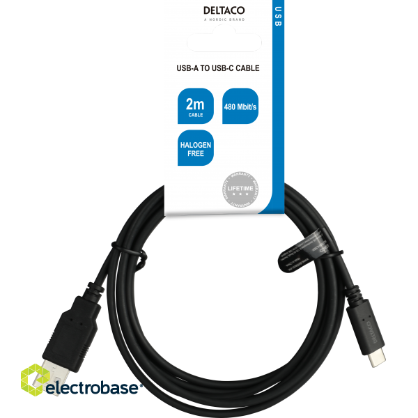 USB 2.0 cable DELTACO USB-A - USB-C male, LSZH, 2m, black / USBC-1006-LSZH image 4