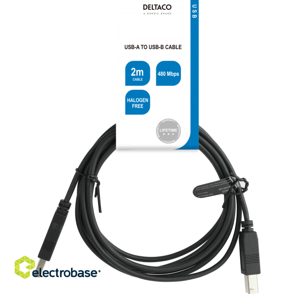 USB 2.0 cable DELTACO USB-A male - USB-B male, LSZH, 2m, black / USB-218S-LSZH image 4