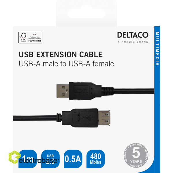 USB extension cable DELTACO USB-A male - USB-A female, 1m black / USB2-15S-K / R00140004 image 3