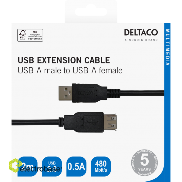 USB extension cable DELTACO USB-A male - USB-A female, 2m black / USB2-12S-K / R00140002 image 3