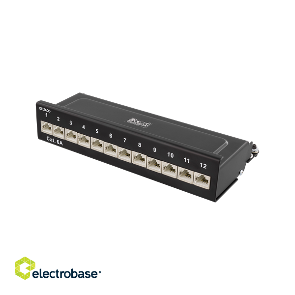 DELTACO Patch Panel, 12xRJ45, Cat6a, Wall Mountable, 10Gbps, Krone Terminals, Metal, Black / PAN-213 image 1